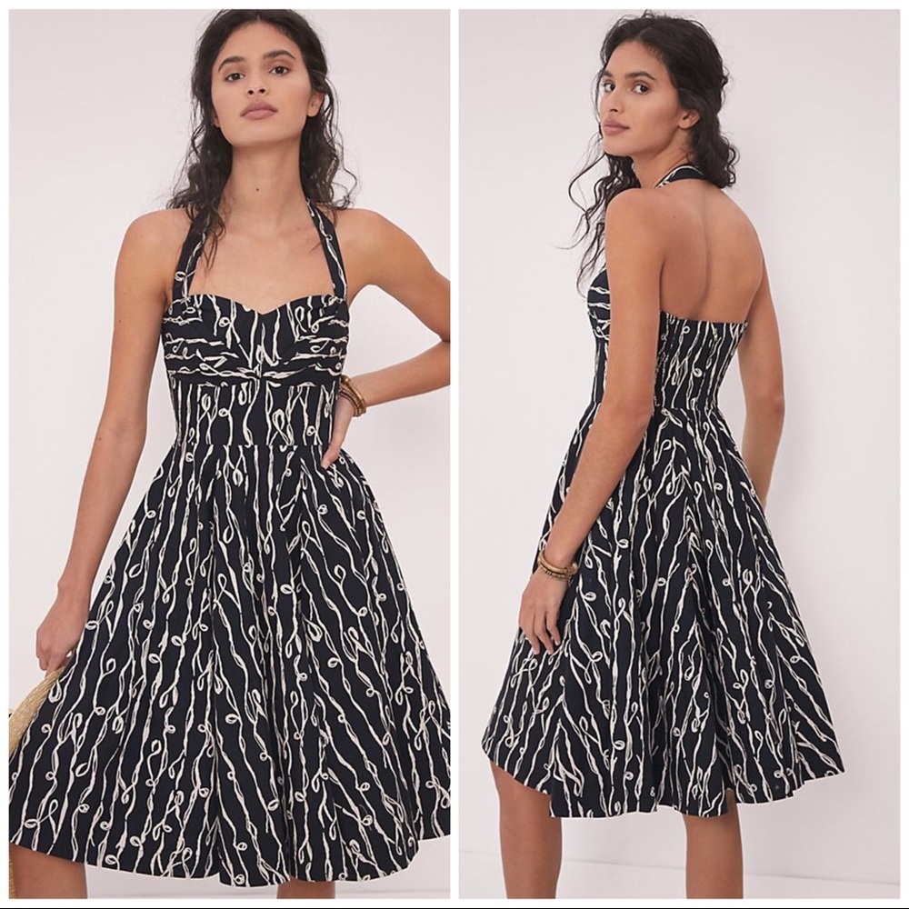 ModCloth Cerys Halter Midi Dress Size 4 Black White Fit Flare Pinup Retro